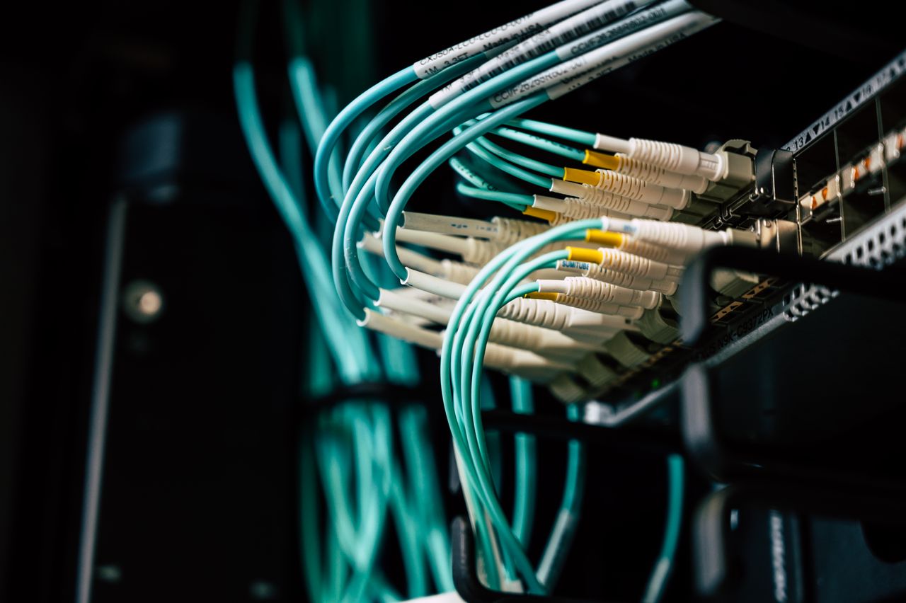 Home Detailed view of network cables plugged into a server rack in a data center.